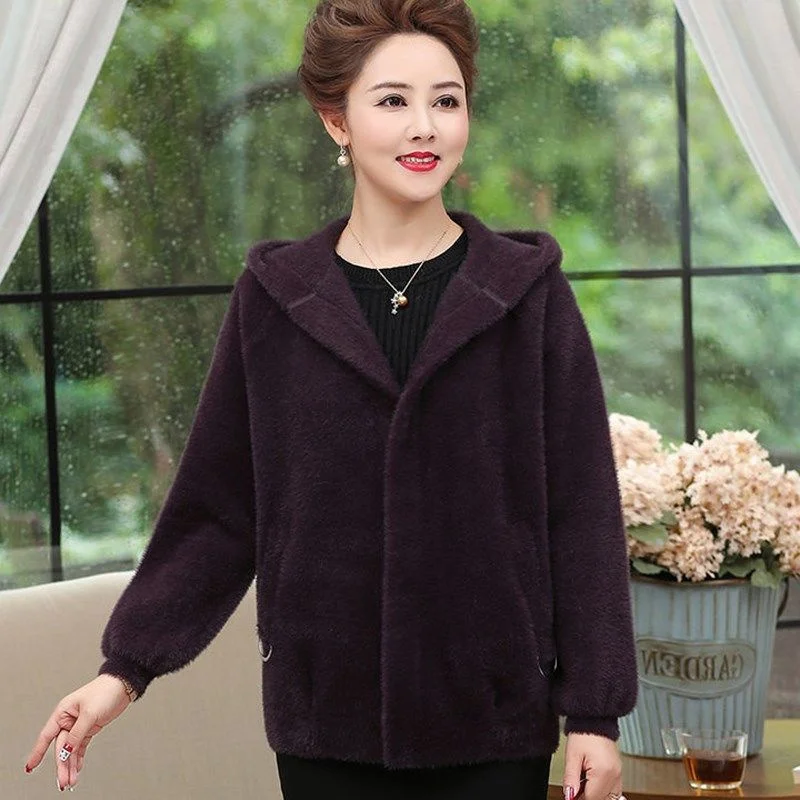 Imitation Mink Velvet Coat Women\'s Spring Autumn Sweater Thickened Jacket Hooded Knitting Outwear 2024 New Cardigan Female Tide