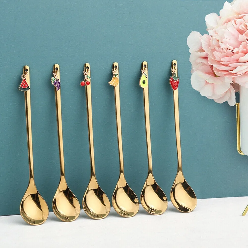 

New Golden Fruit Pendant Spoon Stainless Steel Silver Coffee Spoon Dinnerware Stirring Spoon