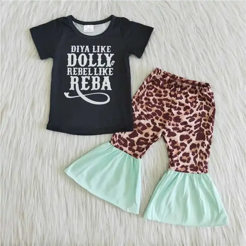 

2022 RTS Wholesale Hot Selling Black Short Sleeve Shirt Light Green Leopard Print Bell Bottoms Baby Clothe Boutique Daily Wear