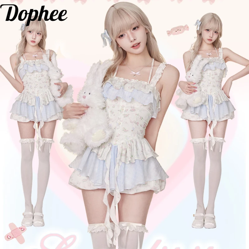 

Dophee New Summer Sweet Girls Two-piece Set Elegant Ruffles Splicing Strap Floral Dress + Elastic Waist Pumpkin Shorts Suits