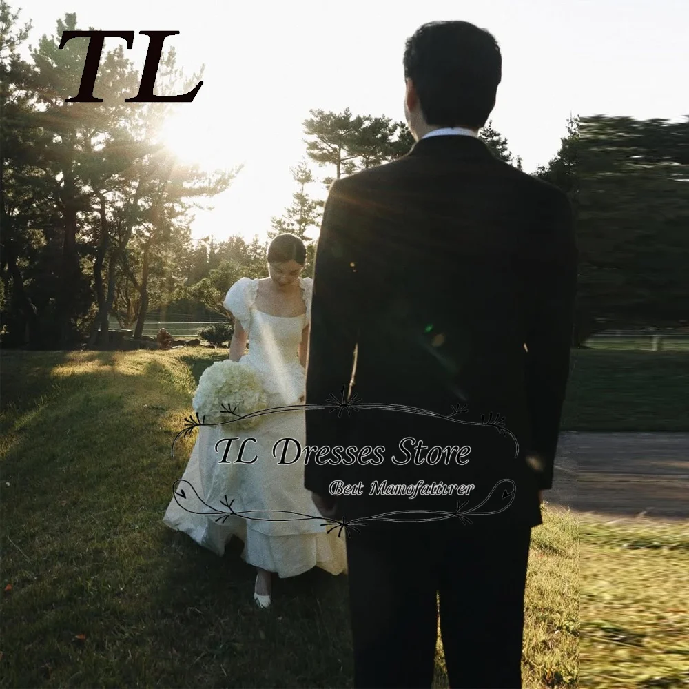 TL 2026 Koreanisches Brautkleid mit quadratischem Ausschnitt, schlichtes Hochzeitskleid für Fotoshootings, kurze Ärmel, A-Linie, bodenlang, maßgeschneidert