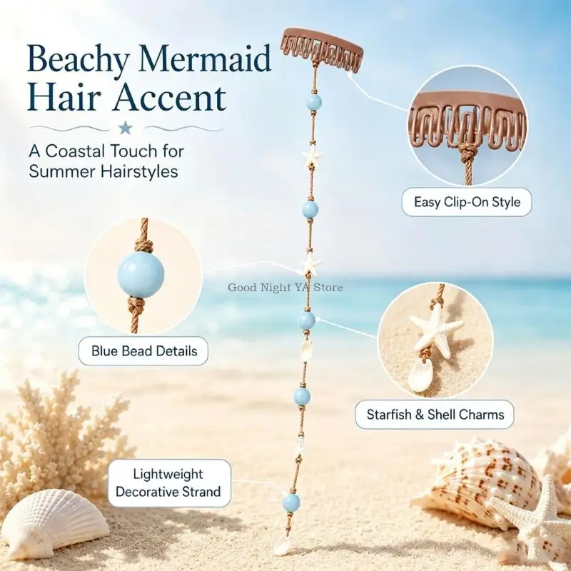  Beach Hair Accent Clip with Beaded Drape and Shell Charms for Styling