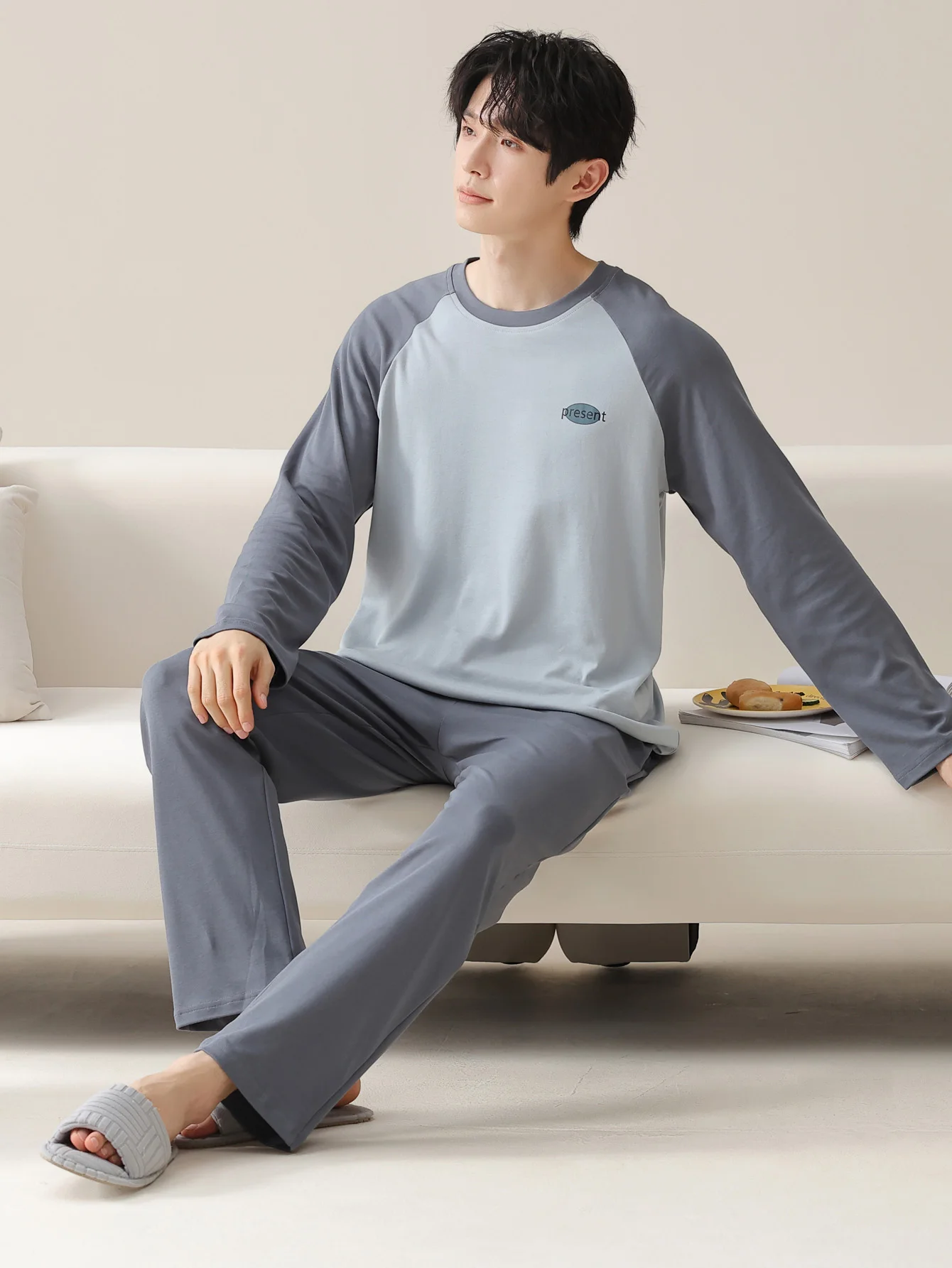 ملابس نوم رجالية 100% قطن بأكمام طويلة للفصول الأربعة مقاس كبير، طقم بدلة منزلية من القطن الخالص للمراهقين للدفء #4