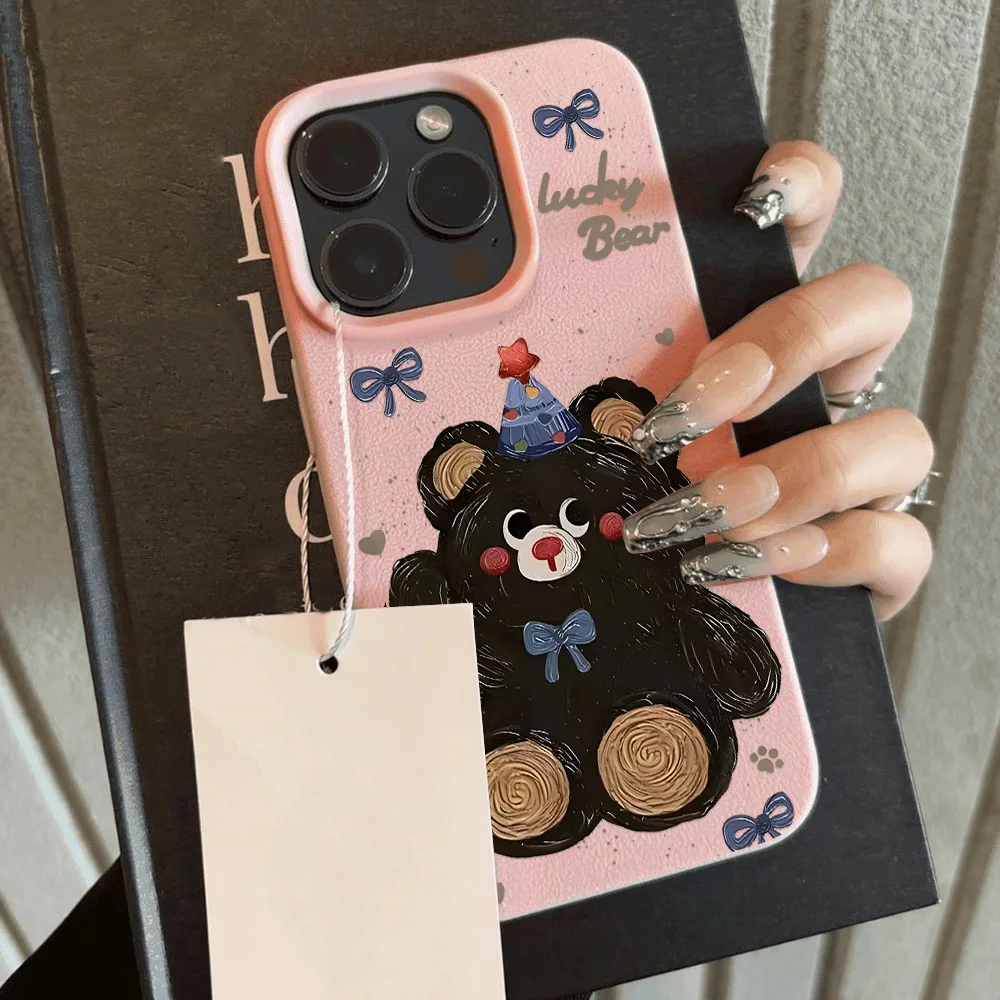 Cute Cat Litchi Pattern Phone Case For iPhone 16 11 15 14 12 13 Pro Max 14 16 Plus iPhone11 Bumper Soft Leather Cover Funda Cape