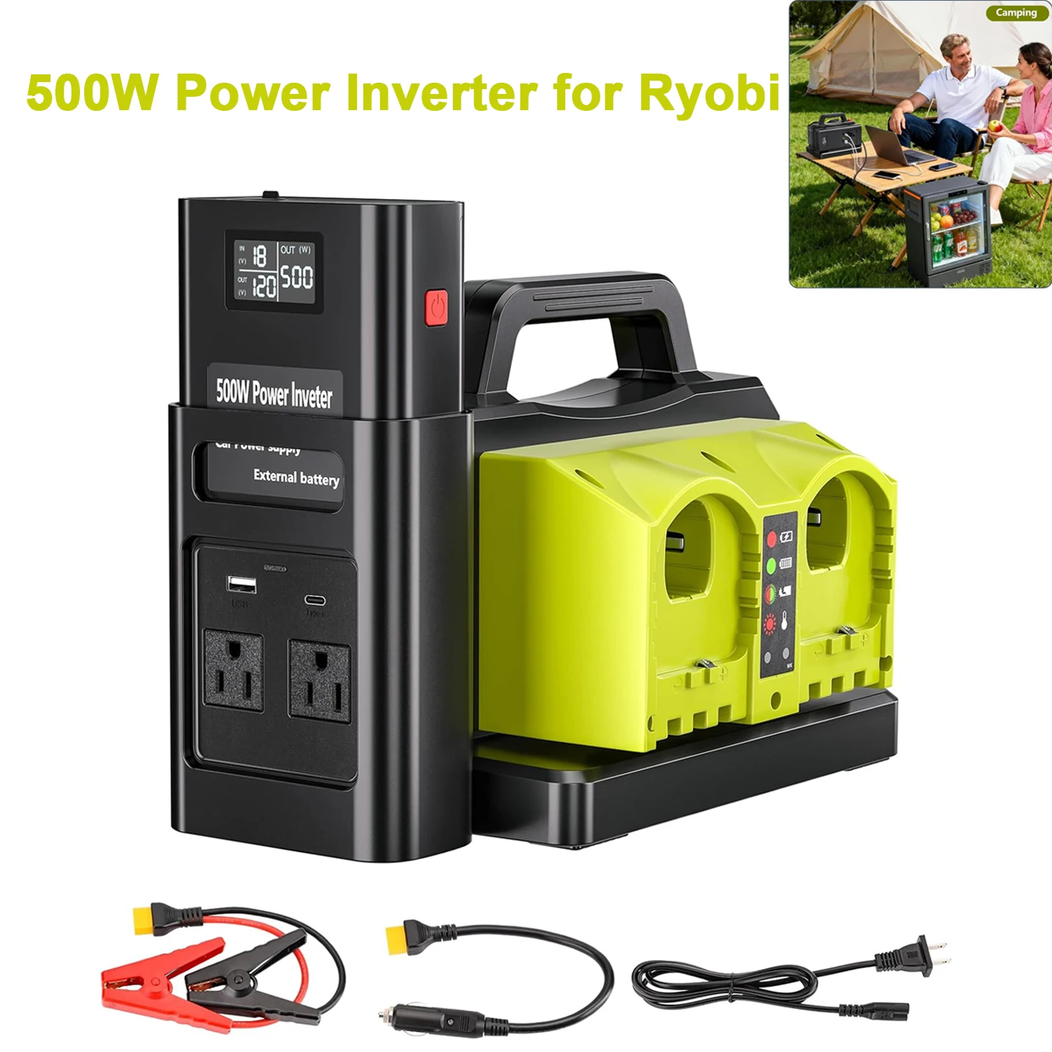 

500W Pure Sine Wave Inverter for Ryobi 18V Battery – 18V DC to 120V AC Converter with USB-C/USB-A, for Vehicles Car Use Laptop