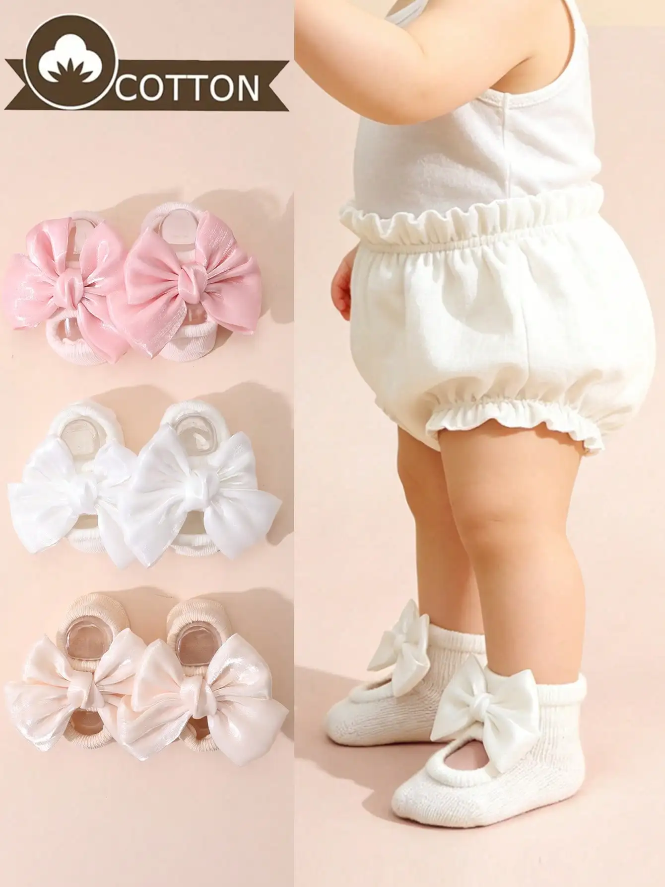 3 Pack Newborn Girl Cotton Non Slip Socks Cute 3D Bowknot Soft Rubber Sole Baby Walking Ankle Socks Spring Fall Daily Wear 0-2Y