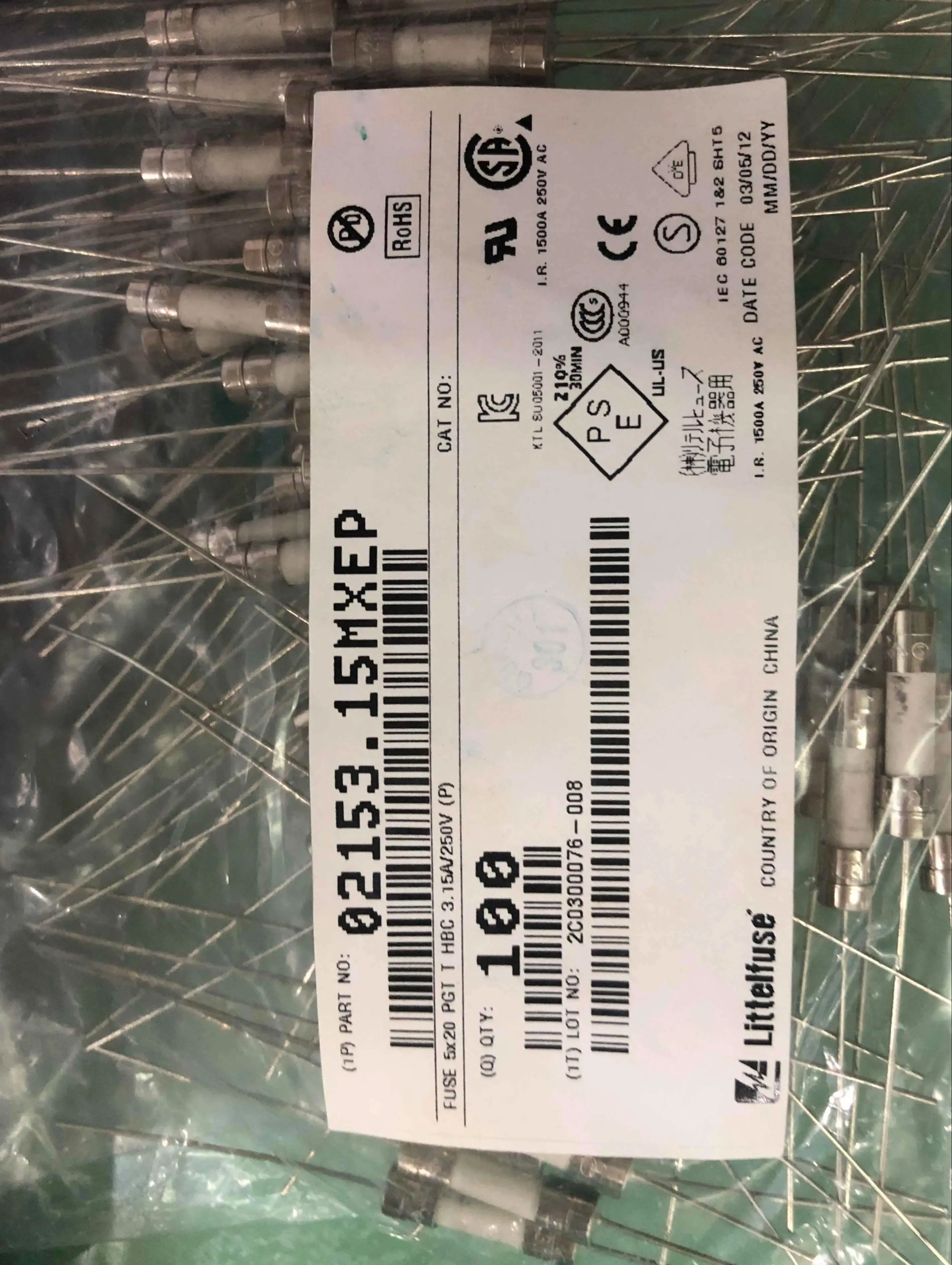 50pcs/ 02153.15MXEP US 5*20 ceramic fuse tube T3.15A H250VP delay with pins