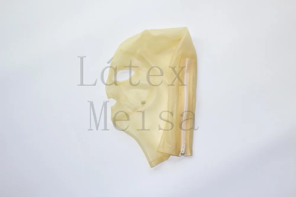 Capots en latex de conception 3D, yeux ouverts, narines et bouche avec fermeture éclair au dos de couleur transparente