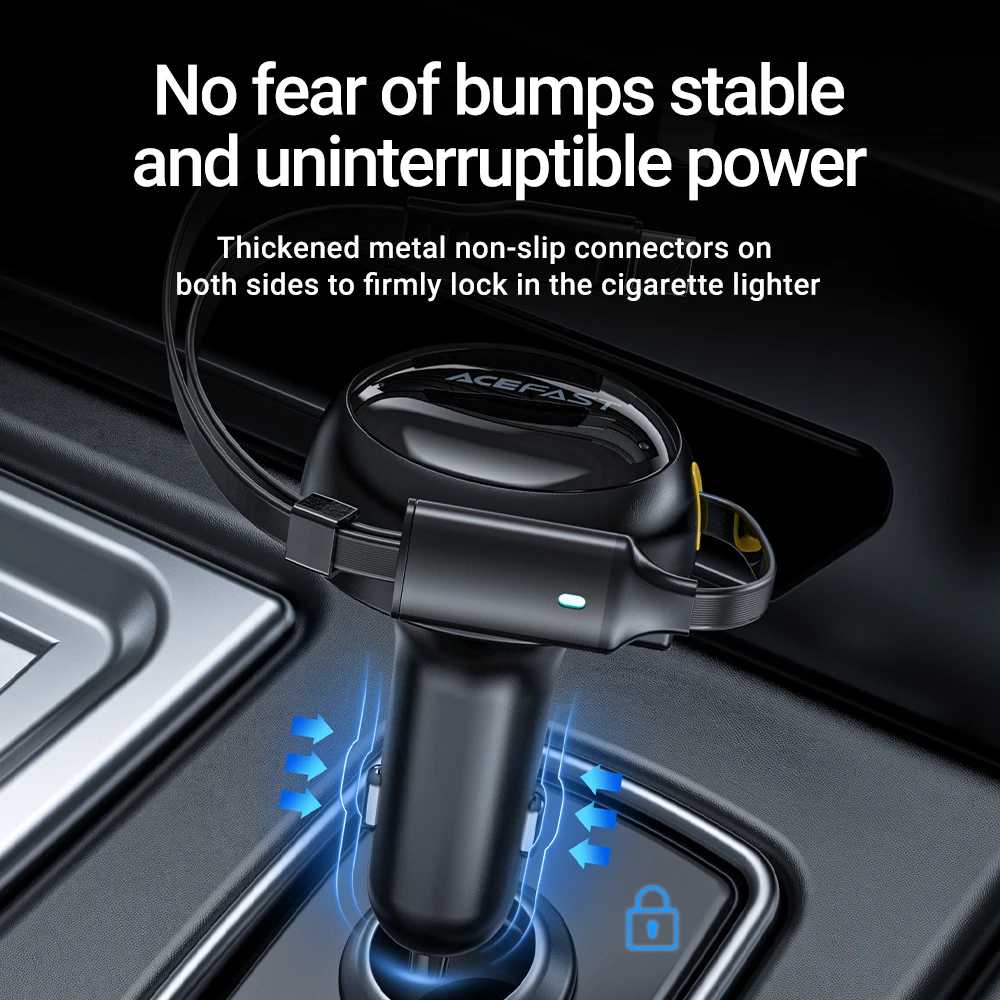 ACEFAST 2-in-1 53W Fast Charging Phone Charger in Car For iPhone 16/15 /14 Type C Retractable Cables Quick Charing For Samsung