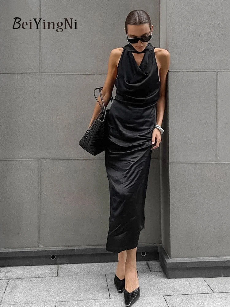 Beiyingni 2025 Elegant High-end Halter Long Dresses for Woman Black Plain Satin Slim Waist Pack Hip Dress Women Sleeveless Robes
