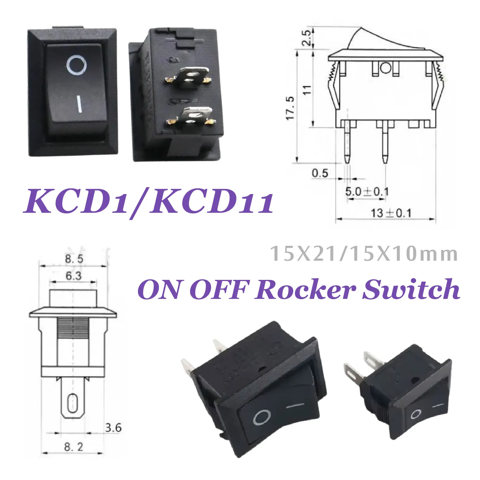 Mini Rocker Switch 21x15mm 10x15mm KCD1 2 Pins on Off 6A 250VAC 10A 125VAC Snap-in