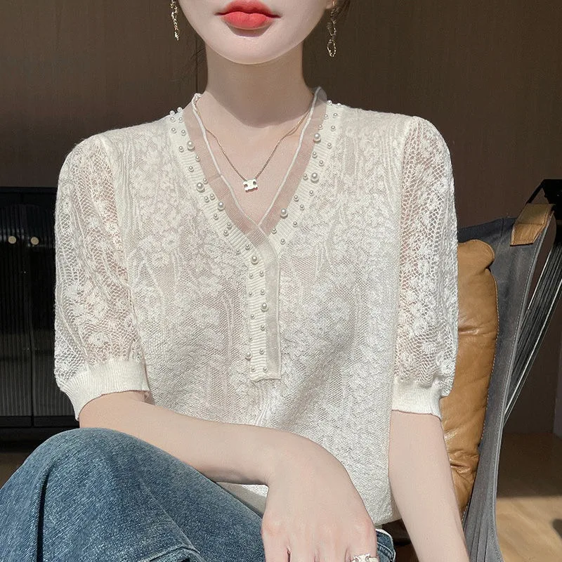 New Summer Lace Knitted Sweater Loose Versatile Thin Style Fashion Slimming Making You Look Younger Beaded Design Trendy Stylish