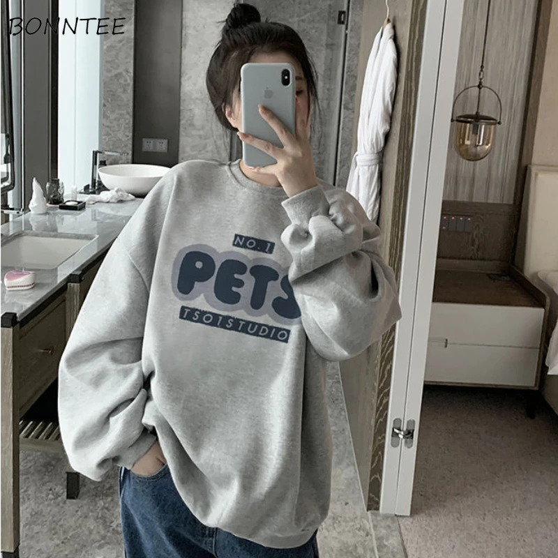 

Sweatshirts Women Loose Daily All-match Thicken Retro Streetwear Autumn Fashion Design Korean Style Students Ins Letter Casual