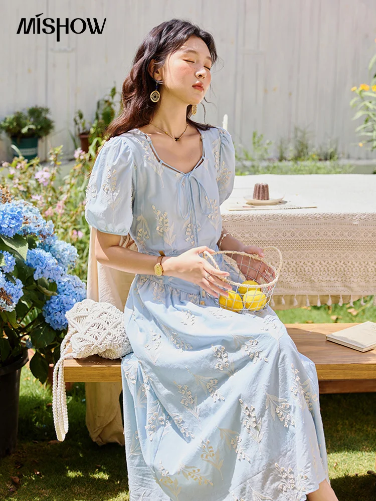 

MISHOW Blue Square Neck Bubble Sleeve Dress for Women Summer 2025 Waist Vacation 100 Cotton Embroidered Long Dress MXE35L2234