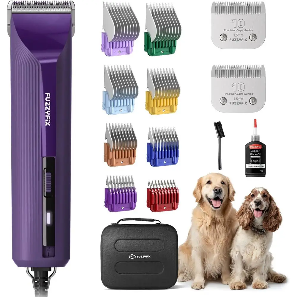 

Профессиональные машинки для стрижки собак/животных Ampix - 2-скоростной мощный мотор, 2 съемных лезвия, 8 металлических насадок, шнур 10 м, охлаждение и тихая работа