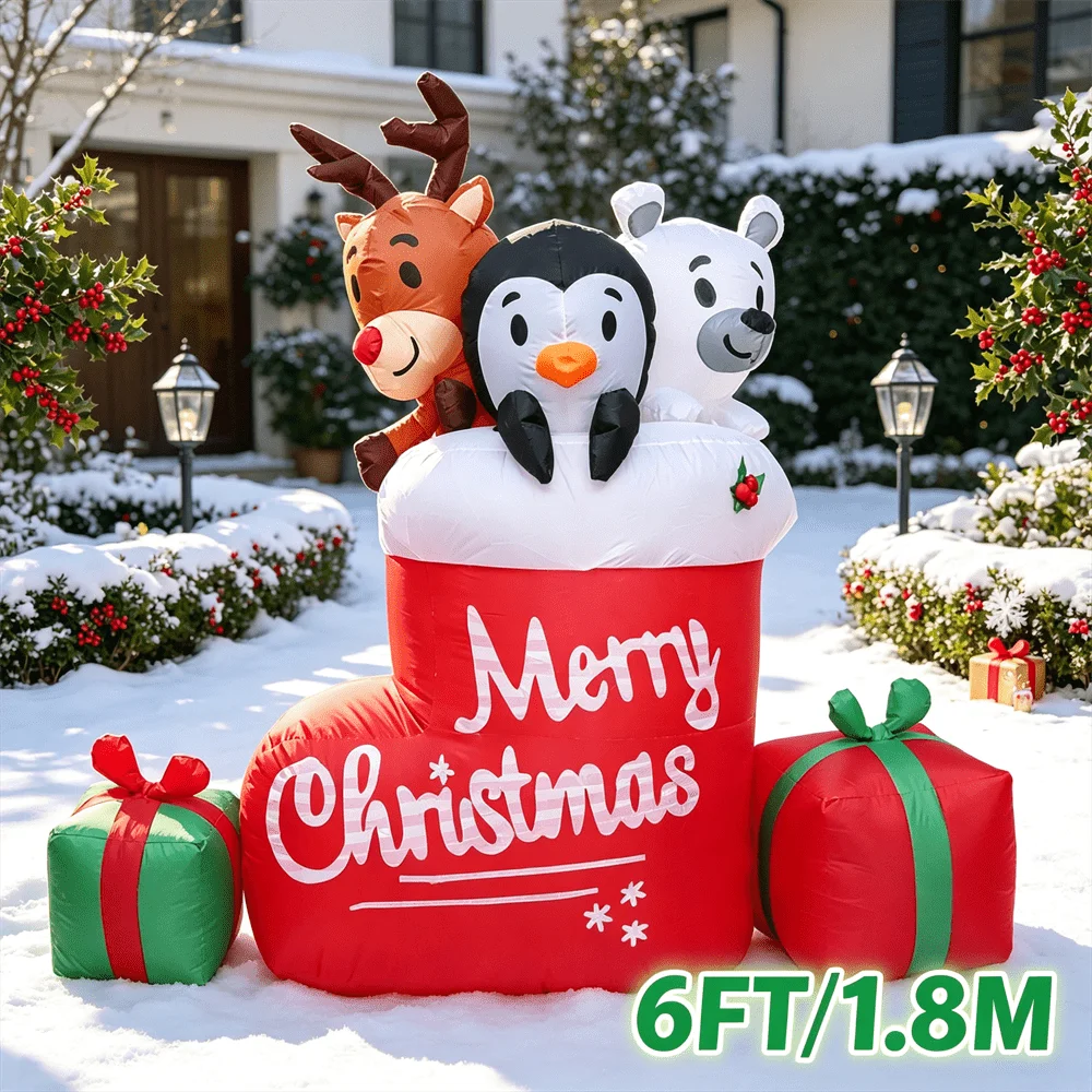 6FT/1.8M Inflatable Model Toy Christmas Stocking With Reindeer Penguin Polar Bear with LED Light Blow Up Outdoor Yard Decor