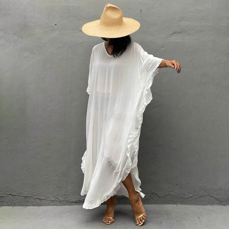New Summer Maxi Beach Dress Women Loose Fit Cotton Rayon Flowy Cover Up Swimsuit Bikini Wrap Vacation Sun Protection