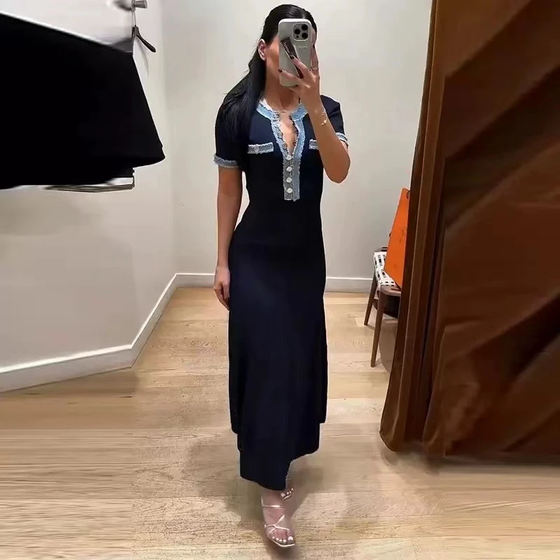 STYLISH LADY Denim Patchwork Knitted Dress 2025 Autumn Women Short Sleeve O Neck Button Bodycon Elegant OL Party Maxi Dresses
