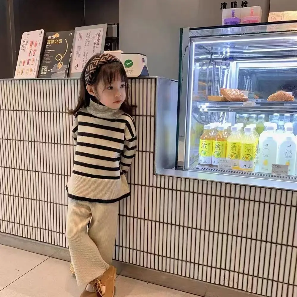 

Girls' Korean Version High Neck Autumn 2025 New Sweater Wide Leg Pants Autumn And Winter Set New Striped Two-piece Set