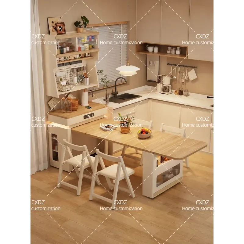 Cream Style Narrow Side Cabinet Kitchen Integrated Wall Storage Unit Dining Table Stove Cabinet Slim Island Organizer