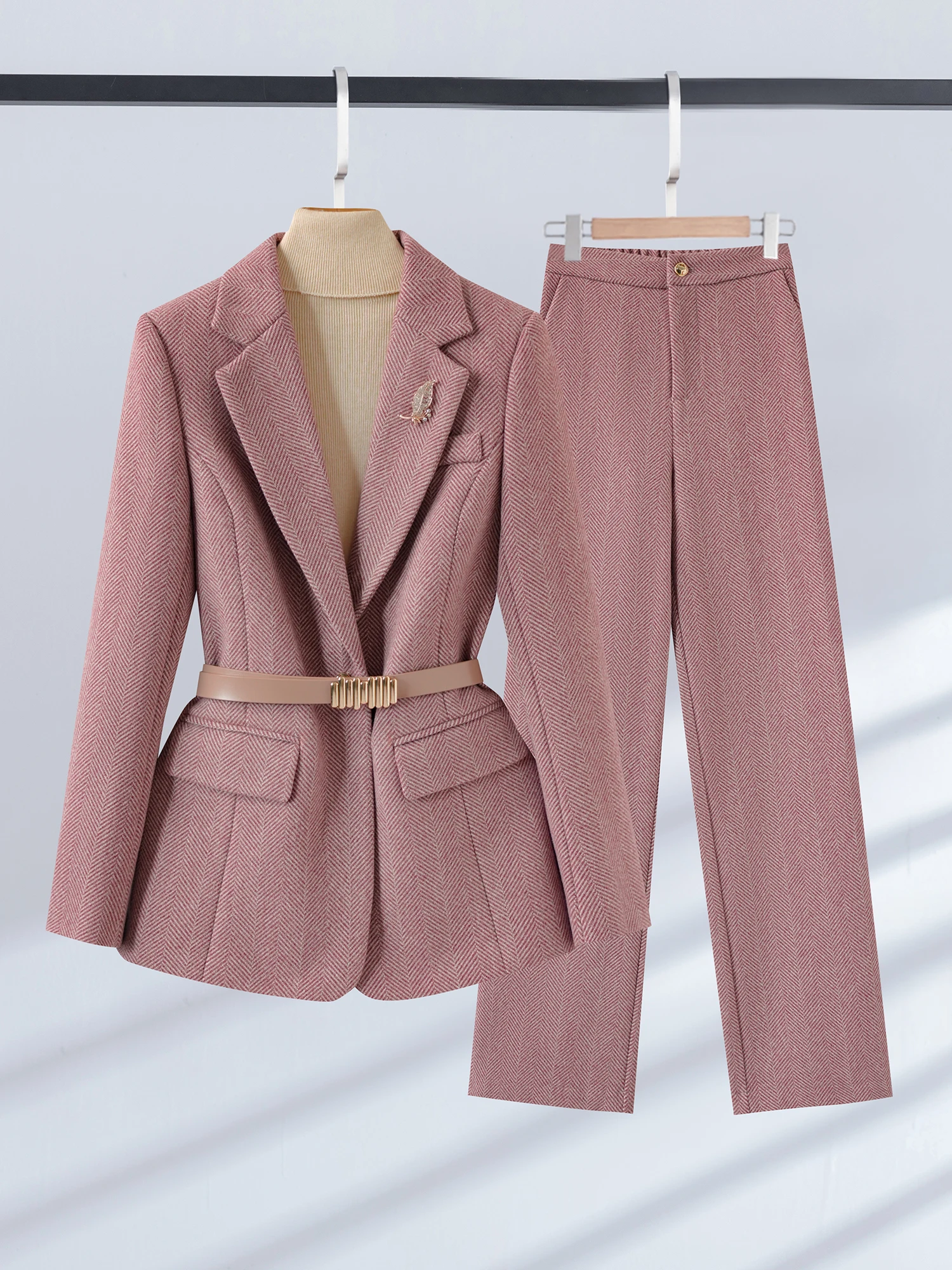 Pink Suit Set Women's High-End Profional Faion Slimming Outerwear Two-Piece Set Busin Sle for Interviews Autumn Winter