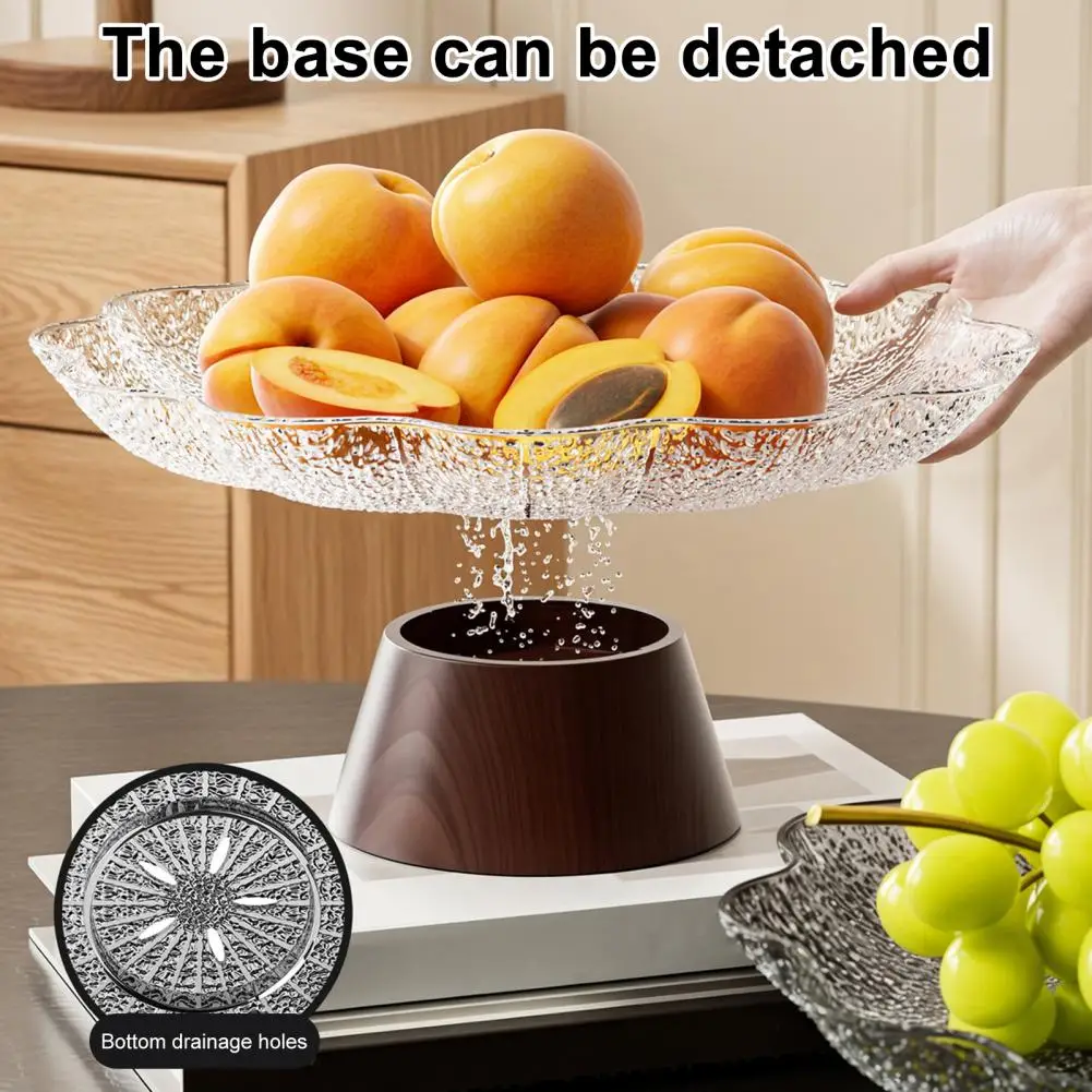 Dried Fruit Tray Fruit Bowl with Wooden Base Modern Petal Hammer Pattern Snack Tray Elegant Fruit Plate for Kitchen or Room