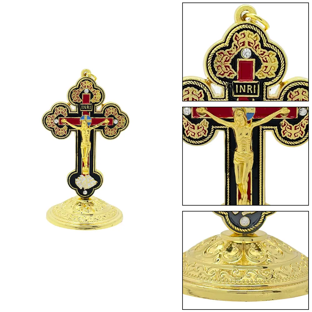 New2026 Catholic Standing Crucifix Gold Enamel Tabletop Altar Cross Jesus Corpus INRI Church Home Decor Religious Christian Gift view 4