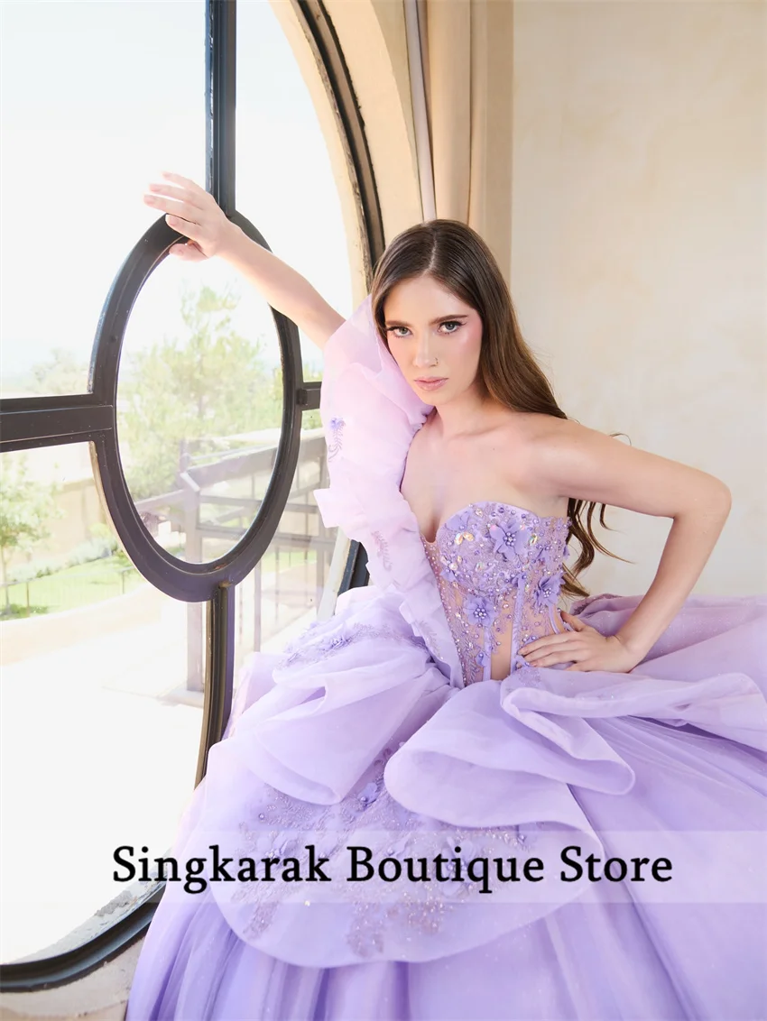 Sukienki Quinceañera w kolorze liliowym i lawendowym, księżniczka, gorset kwiatowy, kryształy, sznurowane, aplikacje, vestido de 15 quinceañera, szyte na miarę