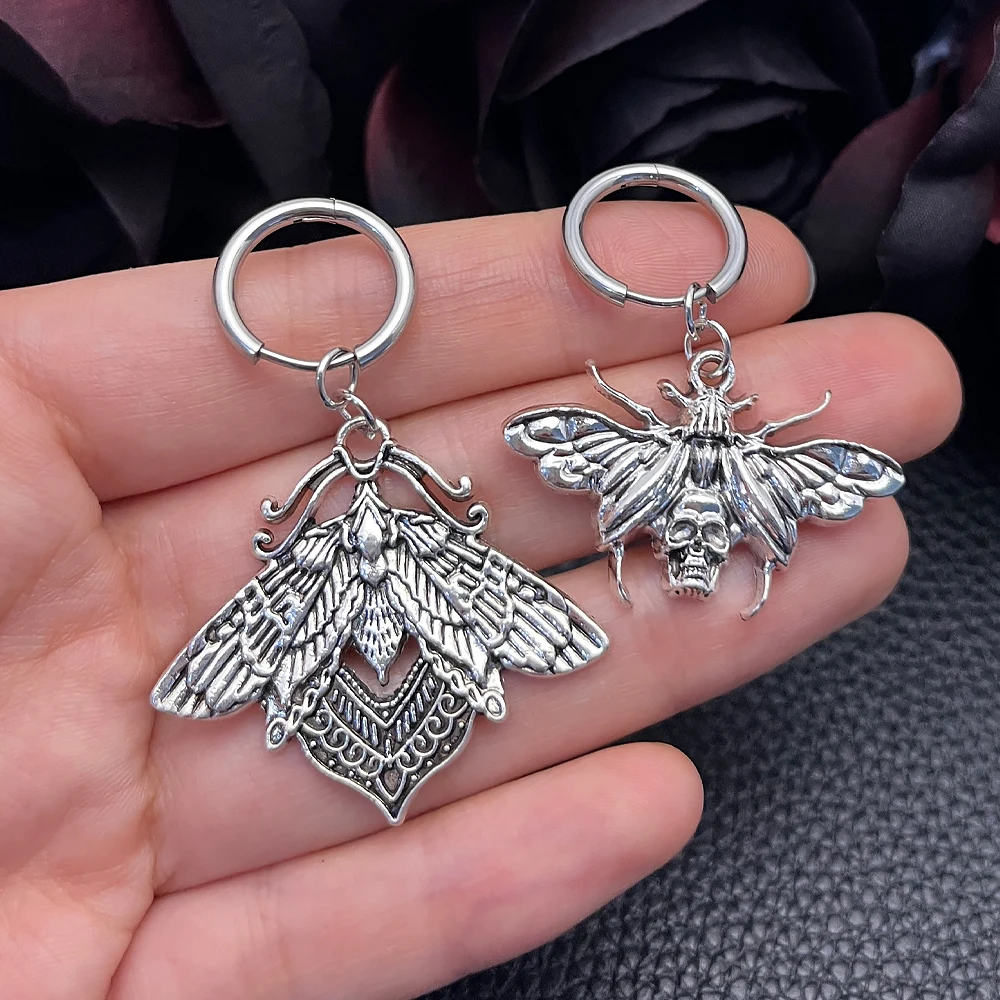 Gothic Punk Death Moth Dangle Hoop Earrings Silvery Skull Moth Filigree Moth Huggie Earrings Halloween Dark Witchy Jewelry view 6