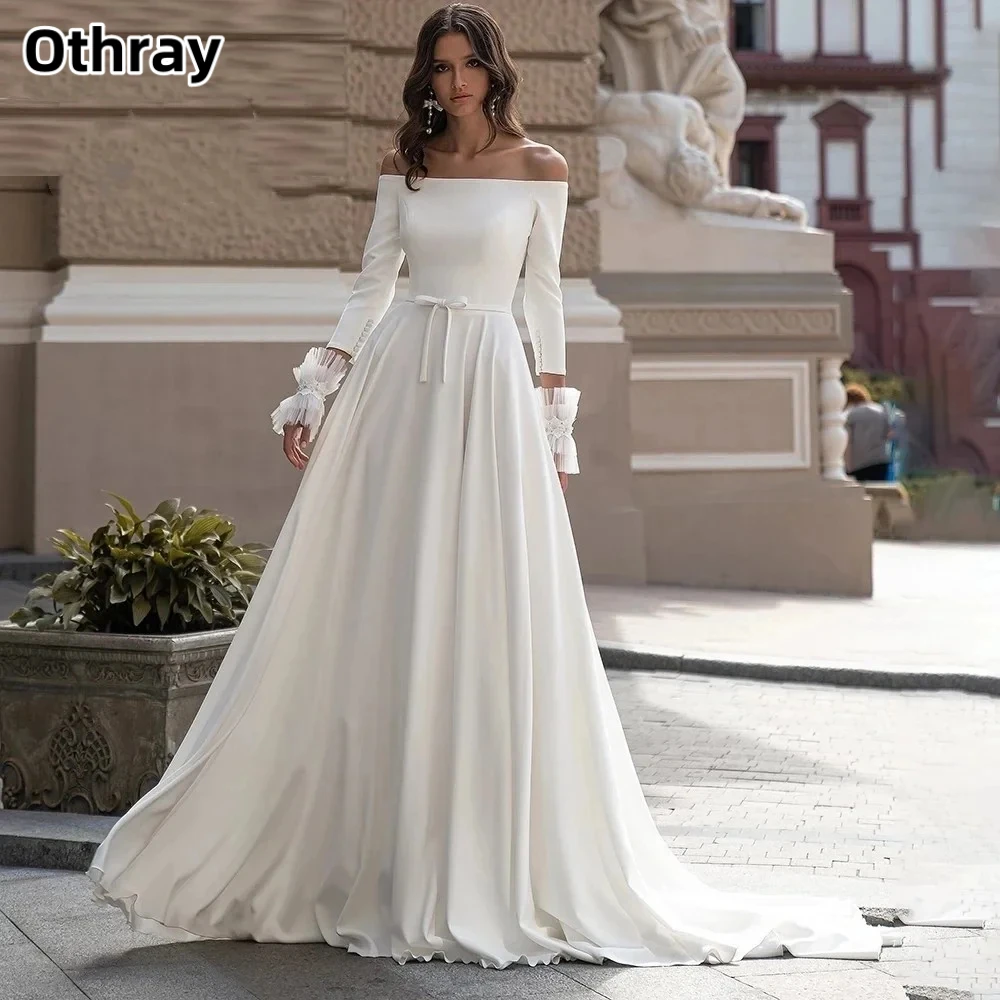 Satin Off Shoulder Wedding Dresses Long Sleeve Bow Sash Buttons Sweep Back A-Line Bridal Gown Cвадебное платье