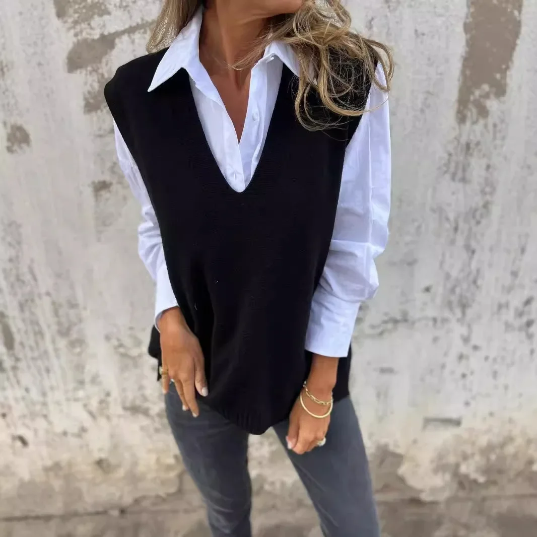 Women Autumn Winter Sweater Vest Solid Color V Neck Sleeveless Casual Fashion Elegant Comfortable Regular Standard Fit Sweater