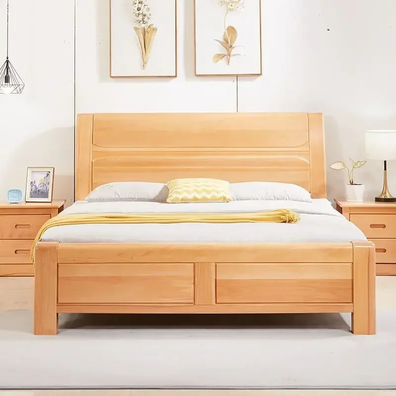 All solid wood beech 1.8 meters double bed modern simple 1.2m factory direct sales 1.5 meters log master bedroom marriage bed