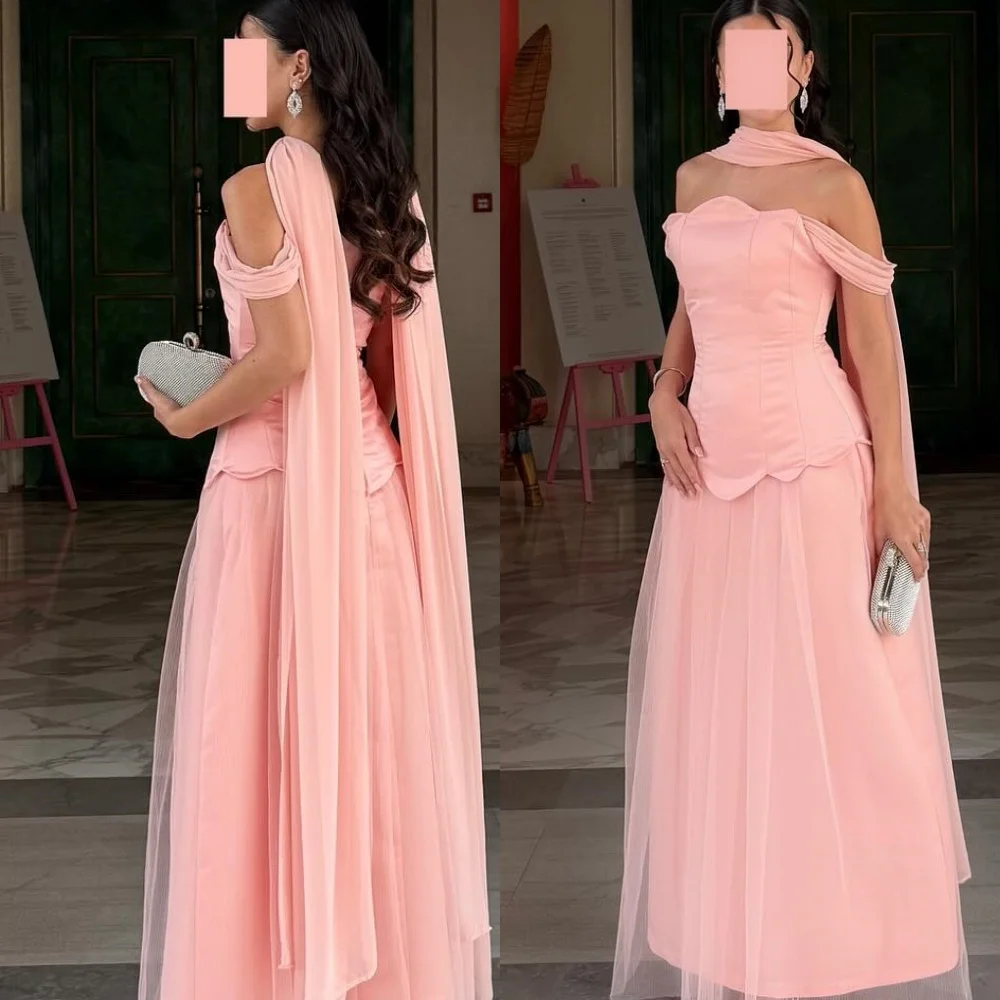 

Customized Elegant Off the Shoulder Sleeveless Evening Dress Temperament Ruched Bridal Party GownsDelicate Ribbons Prom Dresses