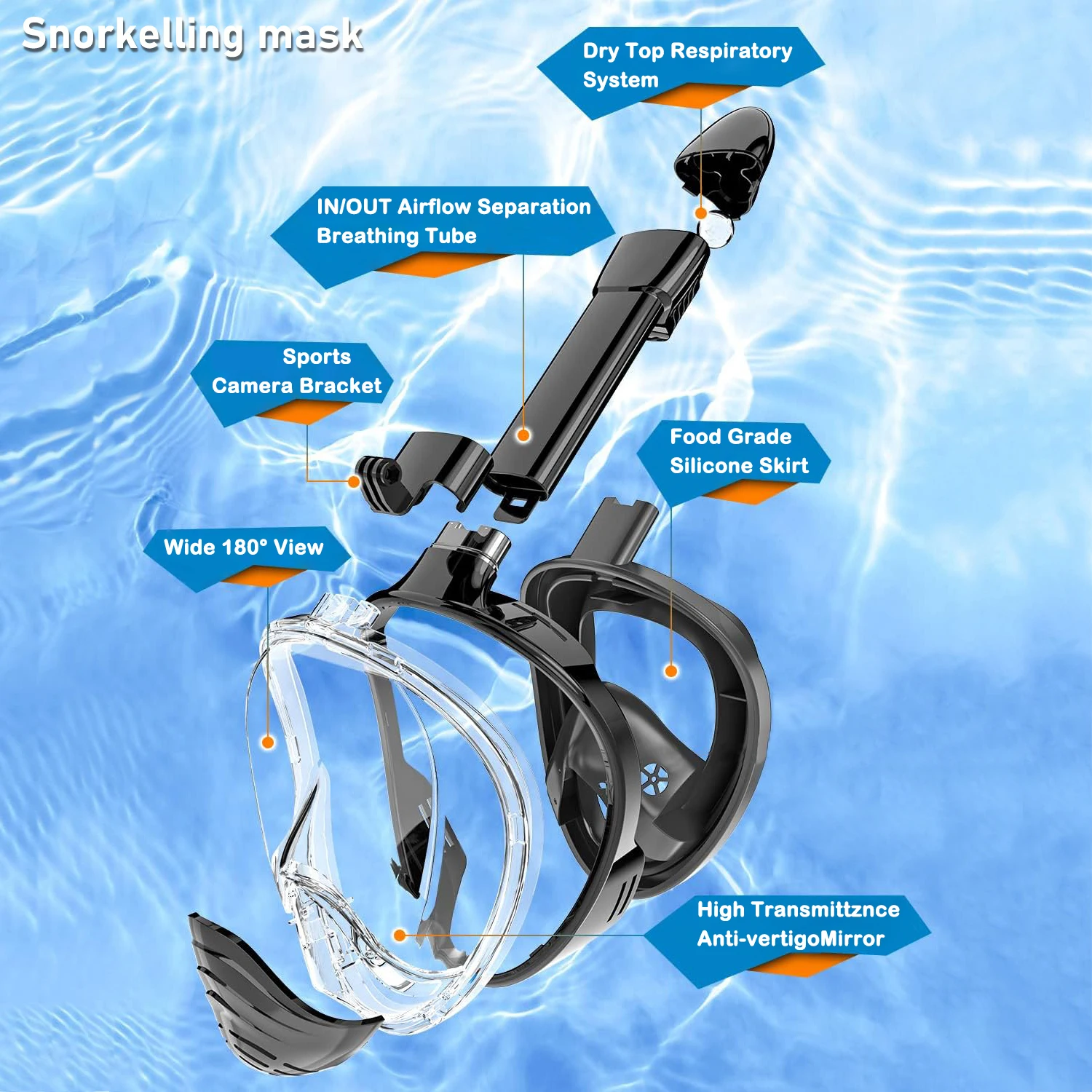 Anti-Fog Snorkeling Mask With A Removable, Fully Dry Top System; Adult Diving Mask Compatible With Underwater Cameras; Outdoor