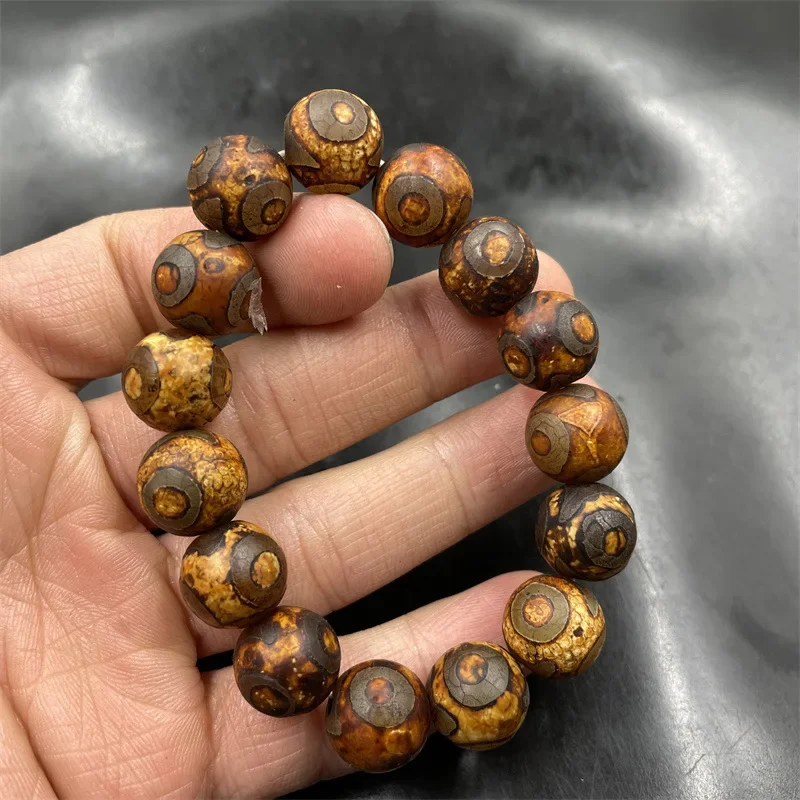 14mm Three-Eye Sky Beads Old Agate Bracelet