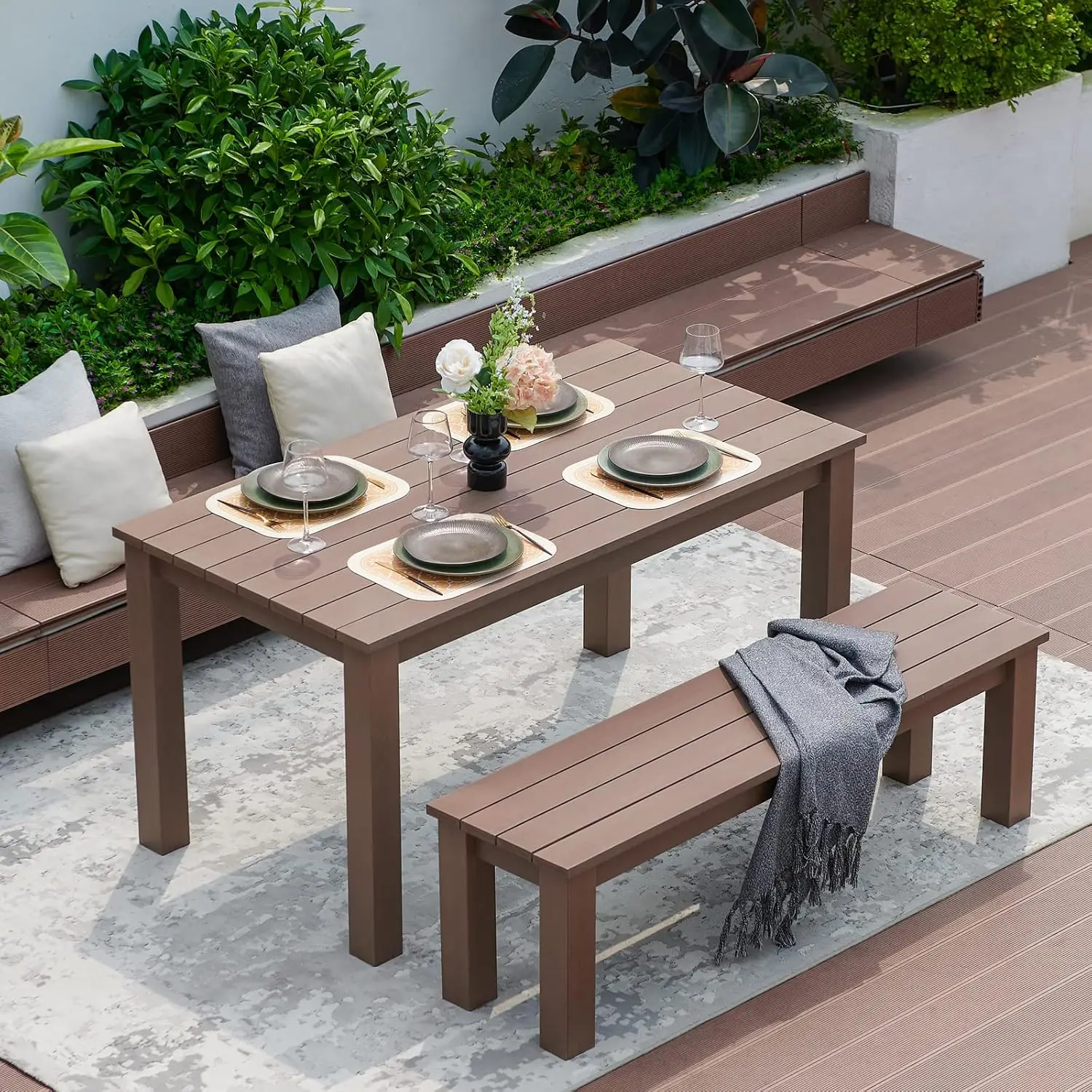 59 Inch Poly Lumber Outdoor Patio Dining Table for 6-Person Brown, Customized