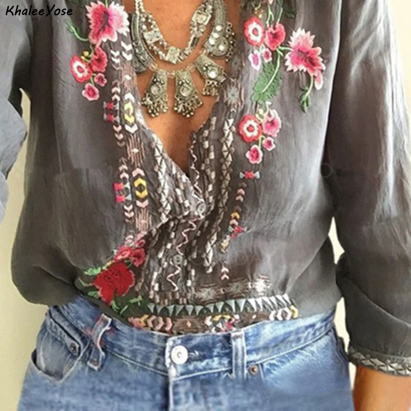 KHALEE YOSE Boho Floral Embroidery Blouses Shirt Autumn Spring Mexican Shirt Long Sleeve Button Front 3xl Ethnic Shirts Tops