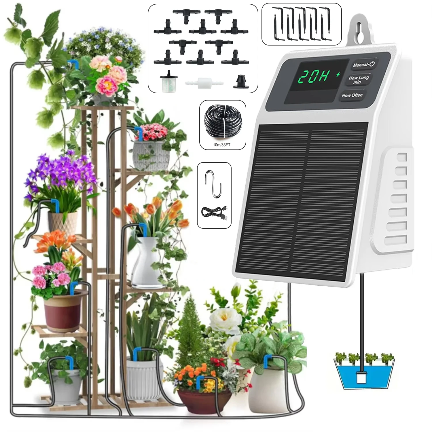 Upgraded Solar Drip Irrigation System Automatic Watering Plants Supplies for Home and Garden Balcony Greenhouse Hanging Plants