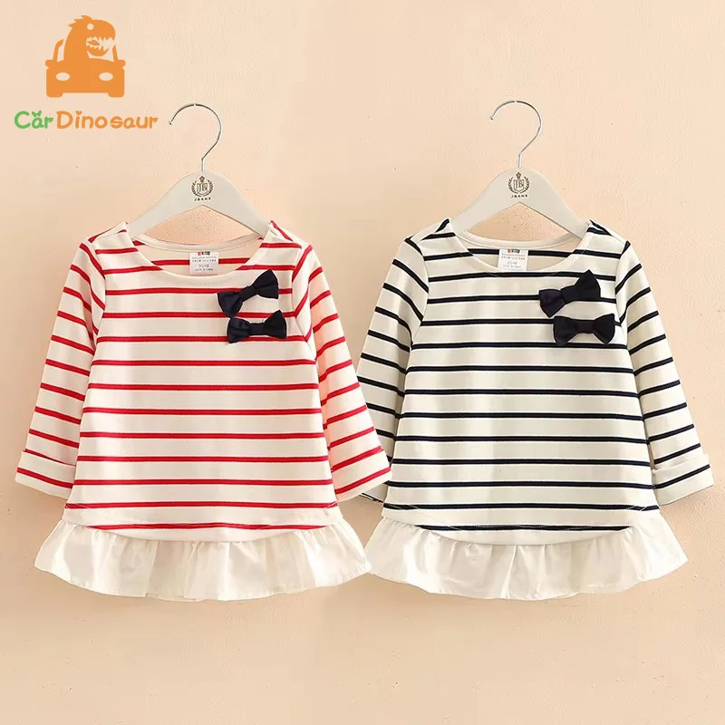 

2025 New Arrival Spring Autumn 2-10 Year Children Bowknot Tops Clothes Strip Patchwork Long Sleeve O-Neck Kids Baby Girl T-Shirt