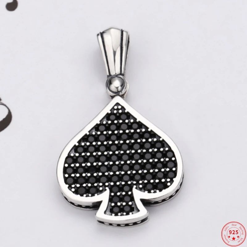 Genuine S925 Sterling Silver Pendants for Women Men New Fashion Spade Heart Shape Zircon Inlaid Punk Jewelry Gift Free Shipping