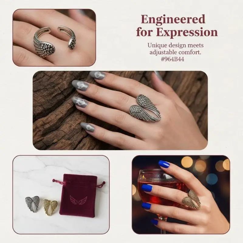 Vintage Silver Plated Double Angel Wing Ring Unique Carved Texture Rust Proof for Girls Bridesmaid Wear Thank You Gift