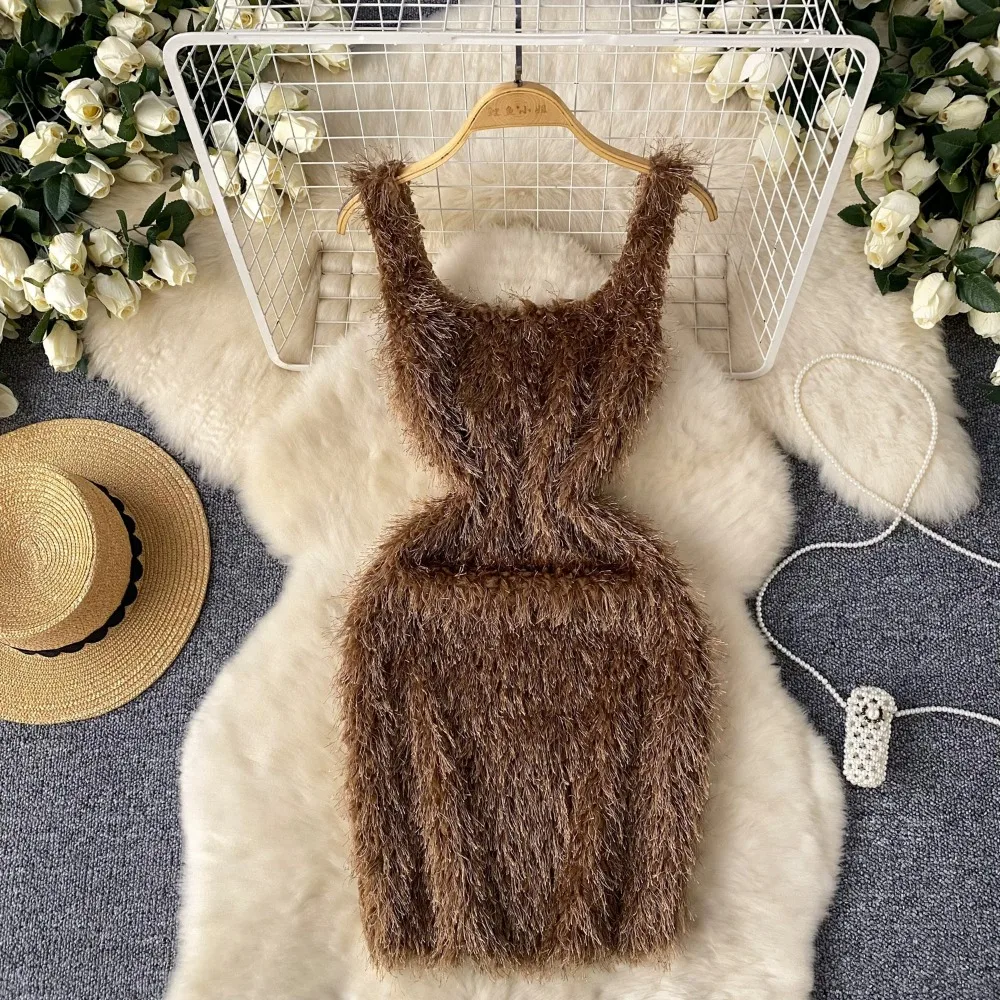 bodycon dress with fur vest Holiday Party Outfit Idea: Dress with Fur Vest and Over the Knee Boots