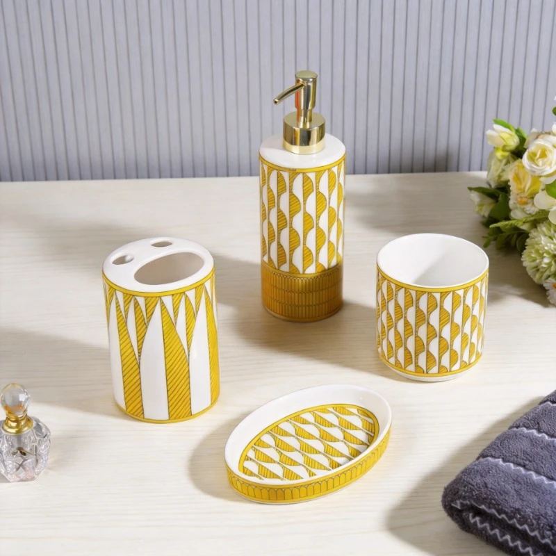 Geometric Pattern Bathroom Storage 5-Piece Set Toothbrush Bucket Pressing Bottle Housewarming Gift