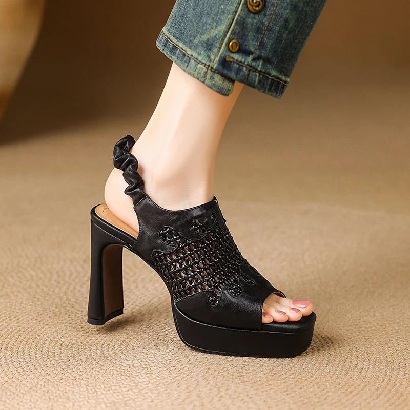 

Women's Handmade Genuine Leather Thick Heel Sandals Summer Hollow Waterproof Platform High Heels Peep Toe openwork Pumps