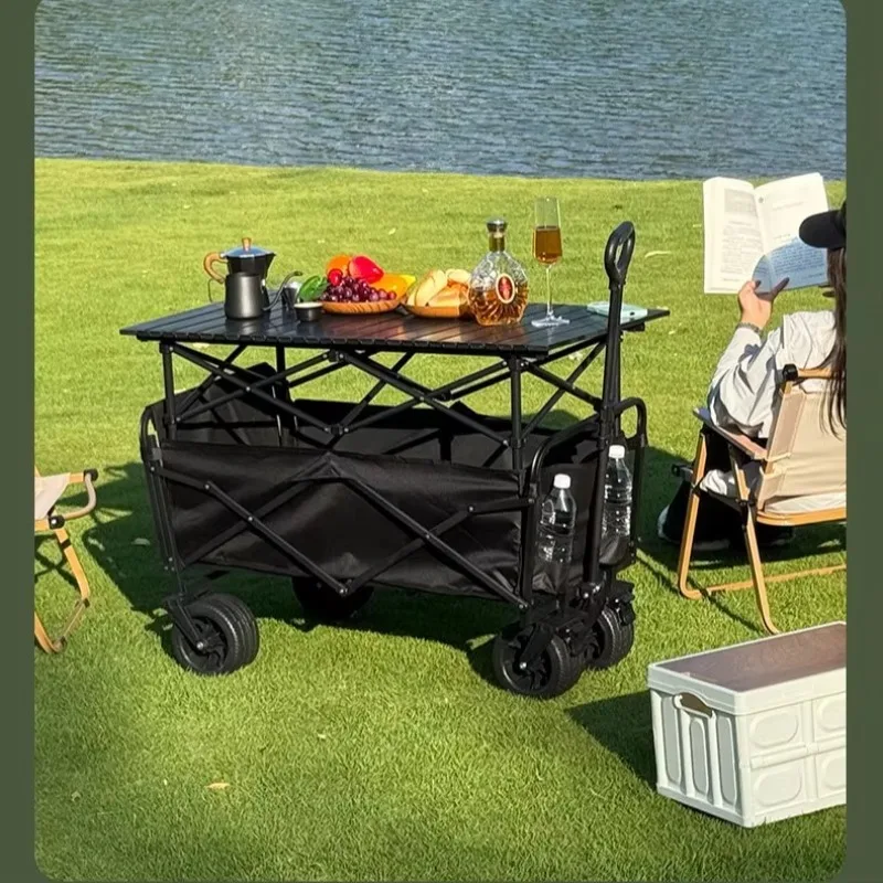 Adjustable Table Camping Cart Rear Opening Push-Pull Functionality Foldable Metal Frame Panel for Outdoor Camping Children's Use