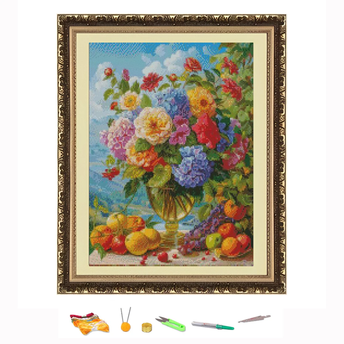 Cross Stitch Embroidery Kit Fruit Flowers Landscape Thread Drawing DIY Needlework Kit Quantity Printed on Canvas11CT