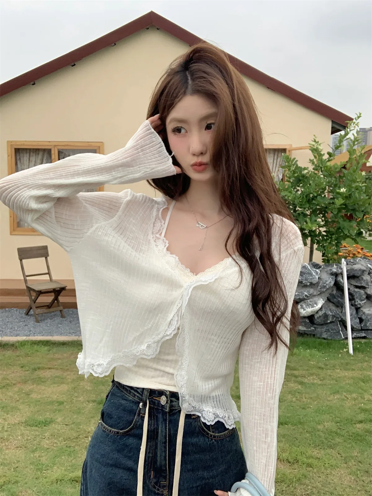 

Blue Lace Trim Ice Silk Sun Protection V-Ne Women's Light Weight Summer Open Cardigan Air Conditioning Sweater awl