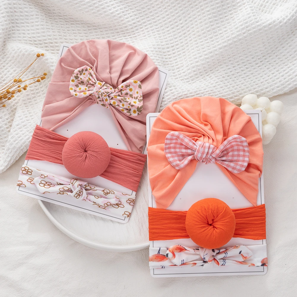 3 pçs/set algodão flor impressão arco bebê turbante chapéus recém-nascidos meninos meninas náilon donuts headbands orelha de coelho crianças elásticos faixas de cabelo