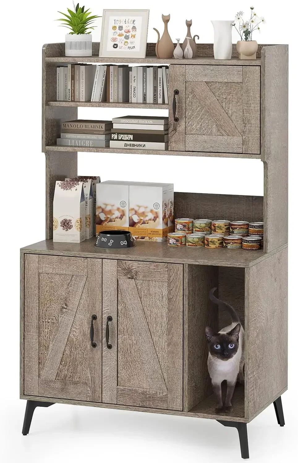 

Cat Litter Box Enclosure with Storage Shelf, 52 Inches Tall Modern Wooden Hidden Litter Box Furniture with Storage Shelving