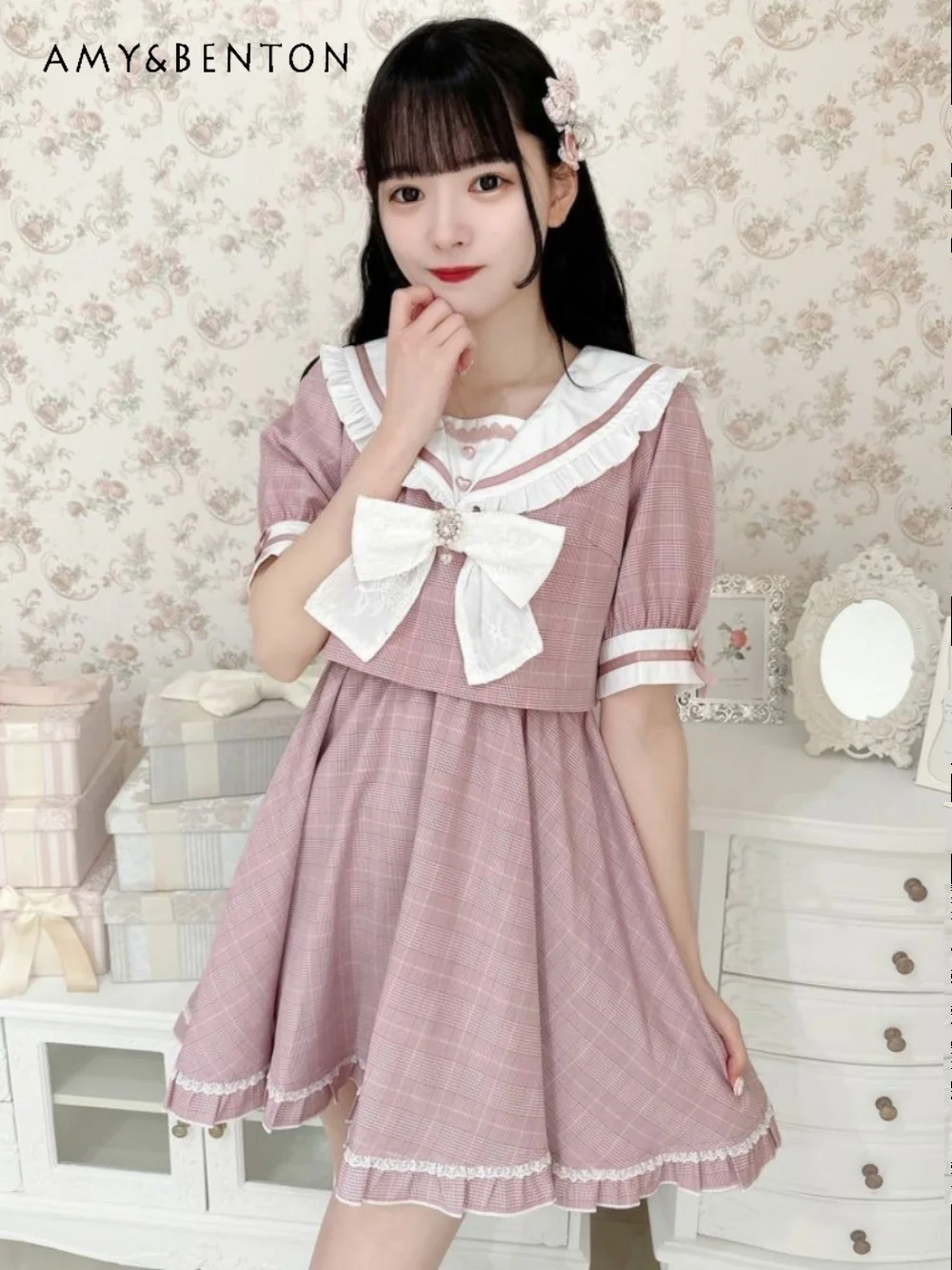 

Japanese RJ Mine Sailor Collar Bow Short Sleeve Dress Preppy Style Sweet Cute Patchwork Slim Mini Dress Kawaii Lolita Dresses